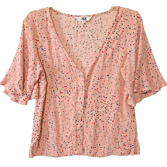 JACK by BB Dakota Pink‎ Polka Dot Blouse Women's Small Flutter Sleeve 100% Rayon - Picture 1 of 8